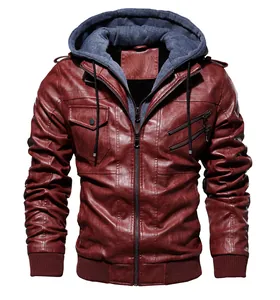 Veste en cuir PU bordeaux pour homme avec capuche grise et doublure polaire