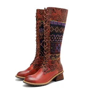Handgefertigte Vintage-Lederstiefel mit Blumendruck und Schnürung für Damen, kniehoch