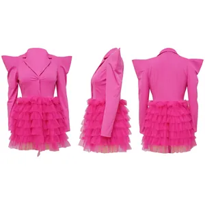 Three-view detail of pink blazer dress with pointed shoulders and tiered mesh skirt