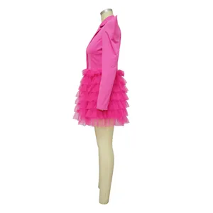 Side view detail of a vibrant hot pink tiered ruffle cake mini dress for women