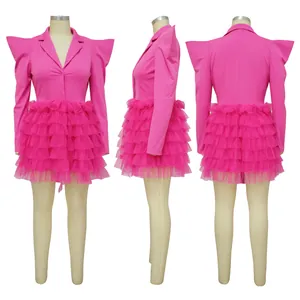 Detail views showing hot pink blazer dress with layered ruffle skirt from three sides