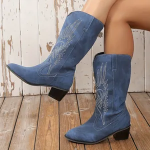 Détail latéral de bottes de cavalier bleu rétro avec broderie blanche complexe