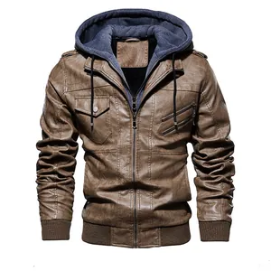 Veste en similicuir marron pour homme avec doublure polaire et capuche pour l'automne