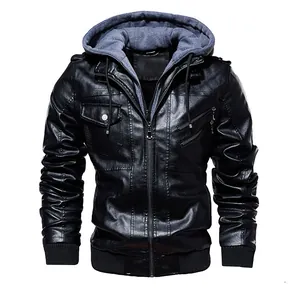 Veste en cuir PU pour homme avec capuche en polaire grise et design deux-pièces