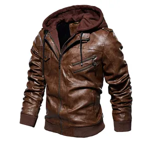 Veste en cuir PU marron pour homme avec capuche, blouson motard d'automne hiver