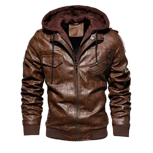 Veste en similicuir marron à capuche pour homme avec doublure polaire, style deux-pièces
