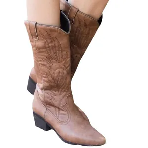 Bottes cowboy marron rétro avec broderies et talon épais pour mode hivernale femme