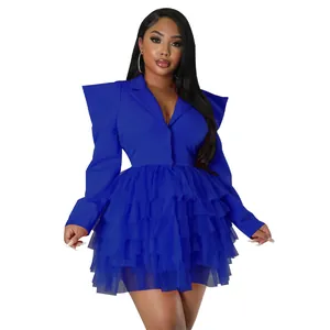 Royal blue tiered mesh cake dress with blazer top and sharp shoulder pads