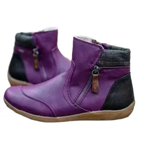 Casual purple flat ankle boots for women featuring side zipper and plaid collar design