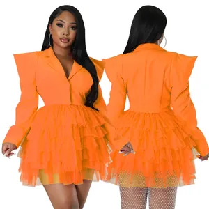 Vibrant orange blazer-style mini dress with layered tulle ruffled skirt, front and back view.