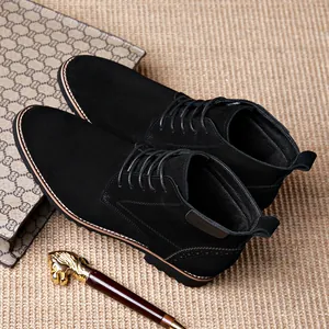 Men's Cow Suede Lace-up Boots Business Casual High-top Ankle Boots Brogue Detail Pointed Toe Winter Shoes For Men