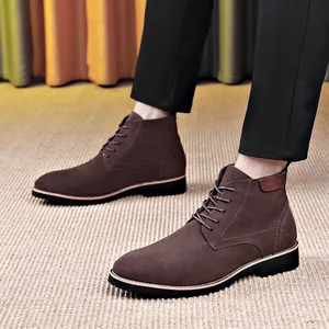 Men's brown suede lace-up boots stylish business casual high-top Chelsea boots