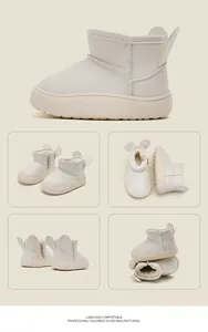 Detailed view of cream toddler snow boots from multiple angles with warm fur lining.