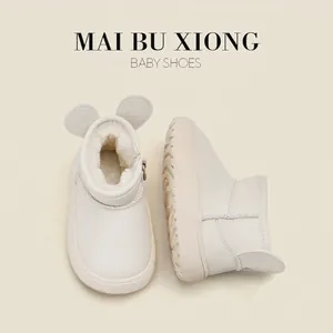 Toddler Girls Snow Boots Winter Warm Fleece Lined Infant Walking Shoes Korean Minimalist Faux Leather Ankle Boots With Side Zipper For Kids