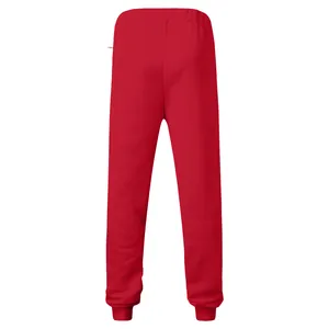 Detailed back view of red casual sports sweatpants with a silver zipper pocket.