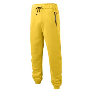 Bright yellow men's casual sweatpants with drawstring waist and side zipper pocket detail