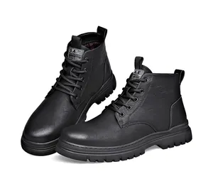 Side view of black lace-up leather Martin boots with durable lug soles for men