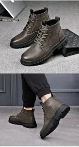 Detailed view of men's brown leather Martin boots with lace-up design and thick sole