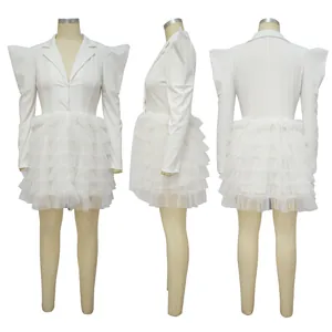 Front, side and back views of a white blazer dress with tiered tulle skirt details