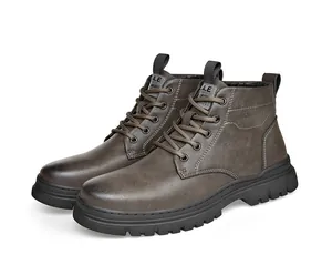 Detailed view of durable brown leather Martin boots for men featuring rugged lug soles