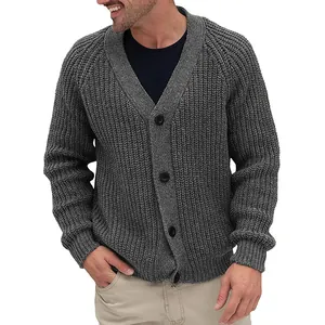 Close-up of men's grey chunky knit cardigan featuring single-breasted buttons and v-neck