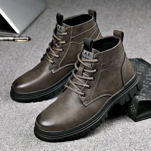 Men's Cowhide Martin Boots Lace-up Mid-top Round Toe Casual Boots With Warm Fleece Lining Soft Rubber Sole Non-slip Work Boots