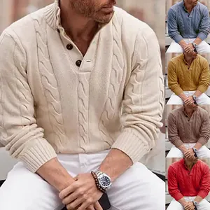 Maglione da Uomo in Maglia a Trecce Vintage con Bottoni Collo Alto Slim Fit Manica Lunga in Acrilico per Autunno Inverno