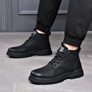 Men's black cowhide Martin boots with lace-up design and soft comfortable soles