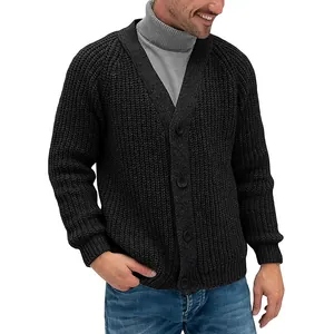 Detail showing the texture and fit of a men's dark gray knitted cardigan sweater