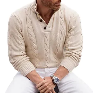 Maglione da uomo in maglia a trecce con colletto a bottoni per autunno e inverno