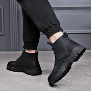 Stylish black leather Martin boots for men with warm lining and soft sole lace-up design