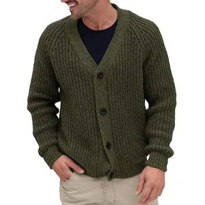 Detail view of men's olive green chunky knit cardigan with single-breasted black buttons