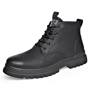 Stylish black genuine leather men's Martin boots with lace-up design and soft comfortable sole