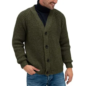 Detailed view of a men's chunky knit olive green cardigan featuring a single-breasted button closure
