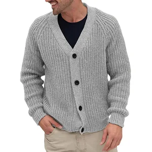 Detailed view of men's grey single-breasted knit cardigan with thick texture