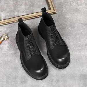 Herren Rindsleder Martin Boots Dicke Sohle Runde Zehe Fleece Gefüttert Warm Winter Arbeitsschuhe Schnürstiefeletten Retro