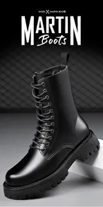 Detaillierte Seitenansicht eines schwarzen High-Top-Leder-Martin-Stiefels mit dicker Sohle.