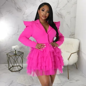 Elegant hot pink blazer dress featuring a tiered tulle ruffle skirt for chic women