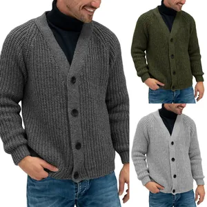 Men's V-Neck Single-Breasted Acrylic Knit Cardigan Jacket Solid Color Long Sleeve Outwear Sweater For Autumn Winter