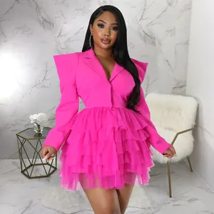 Elegant hot pink tiered ruffled blazer dress for women with dramatic shoulders