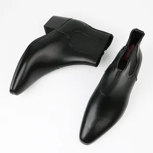 Elegant black men's high-heel Chelsea boots with small square toe and side zipper