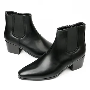 Stylish black men's faux leather Chelsea boots featuring a square toe and high block heel