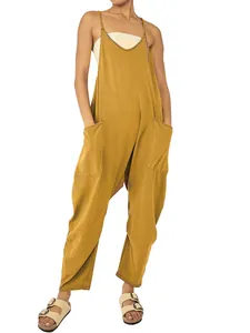 Lässiger senfgelber Jumpsuit mit V-Ausschnitt und Taschen für Damen im Sommer