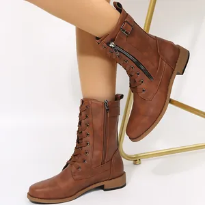 Stivali Martin da Donna in Stile Europeo al Polpaccio in Ecopelle Stringati con Cerniera Laterale Tacco Basso Tacco Quadrato Scarpe Autunno Inverno