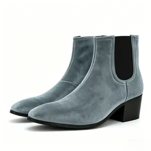 Detailed side view of grey velvet men's high-heeled Chelsea boots with square toe.