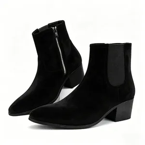 Detailed side view of black suede men's Chelsea boots with high heel and square toe