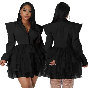 Detailed front and back views of an elegant black blazer-style tiered tulle cake dress