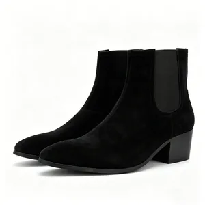 Side profile detail of elegant men's black suede Chelsea boots with square toe and block heel