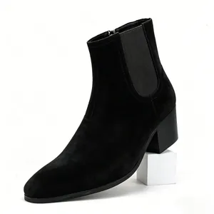 Side view detail of men's black suede Chelsea boots with square toe and block heel