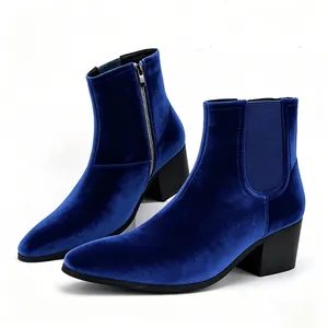 Elegant blue velvet Chelsea boots for men featuring a stylish chunky high block heel design